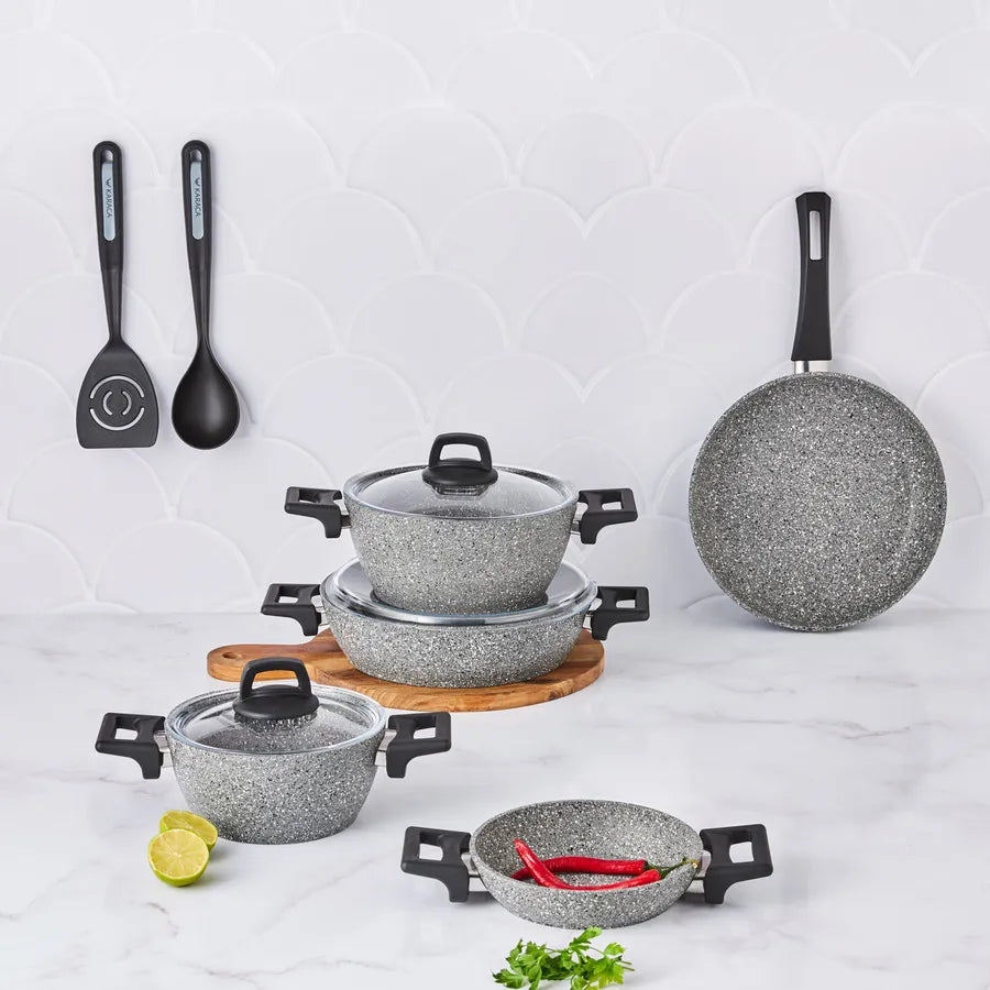 Karaca Stella Biogranite 10-Piece Non-Stick Cookware Set with Kitchen Utensil Set, Grey