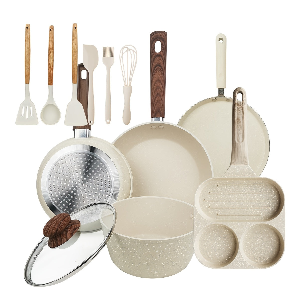 TEMU 3-5-12pcs Pots And Pans Set, Kitchen Cookware Set, 1pc Egg Frying Pan Omelette Pot Set, For Induction And Cooking, Frying Pan, , Silicone Tool,