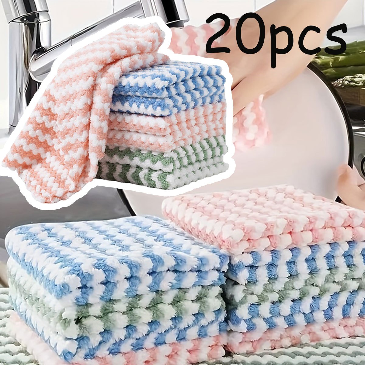 TEMU 20 Super Soft Dishcloths - Super Absorbent And Machine Wash Towels - Kitchen, Bathroom, Car And Window Cleaning Supplies, Striped Dishcloths,