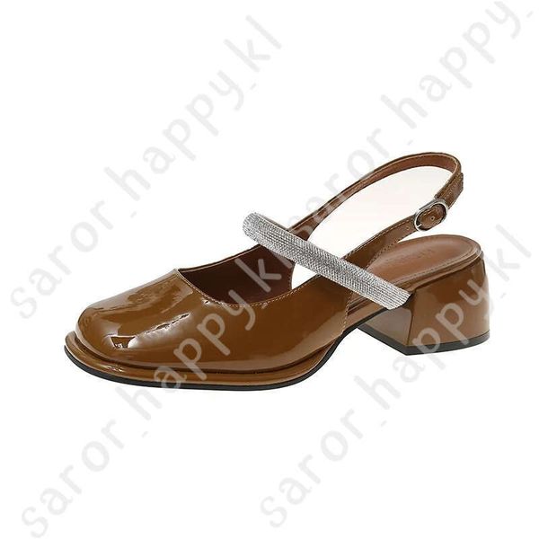 Retro Square-Heeled Sandals Women&#039;s Summer 2024 New High Heels Buckle Behind The Empty Baotou Rhinestones 726
