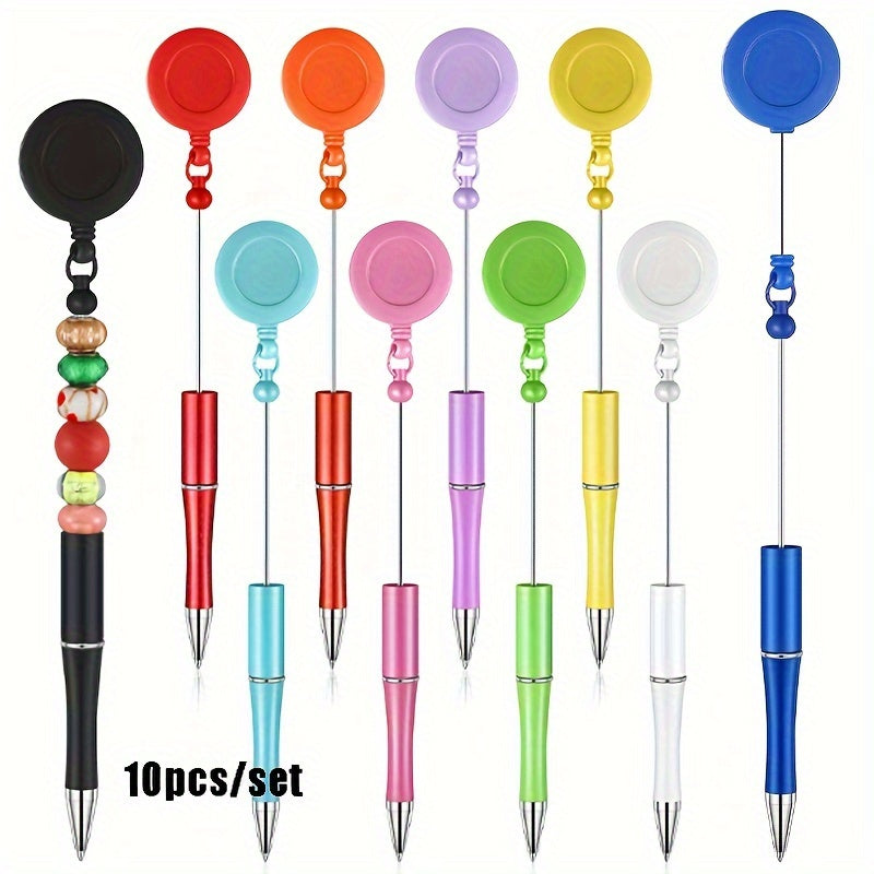 TEMU 10pcs Retractable Badge Reel Beadable Pens Diy Ballpoint Pull Clip Pen For Waitress Nurse Office Worker Teacher School Classroom Gift Supplies