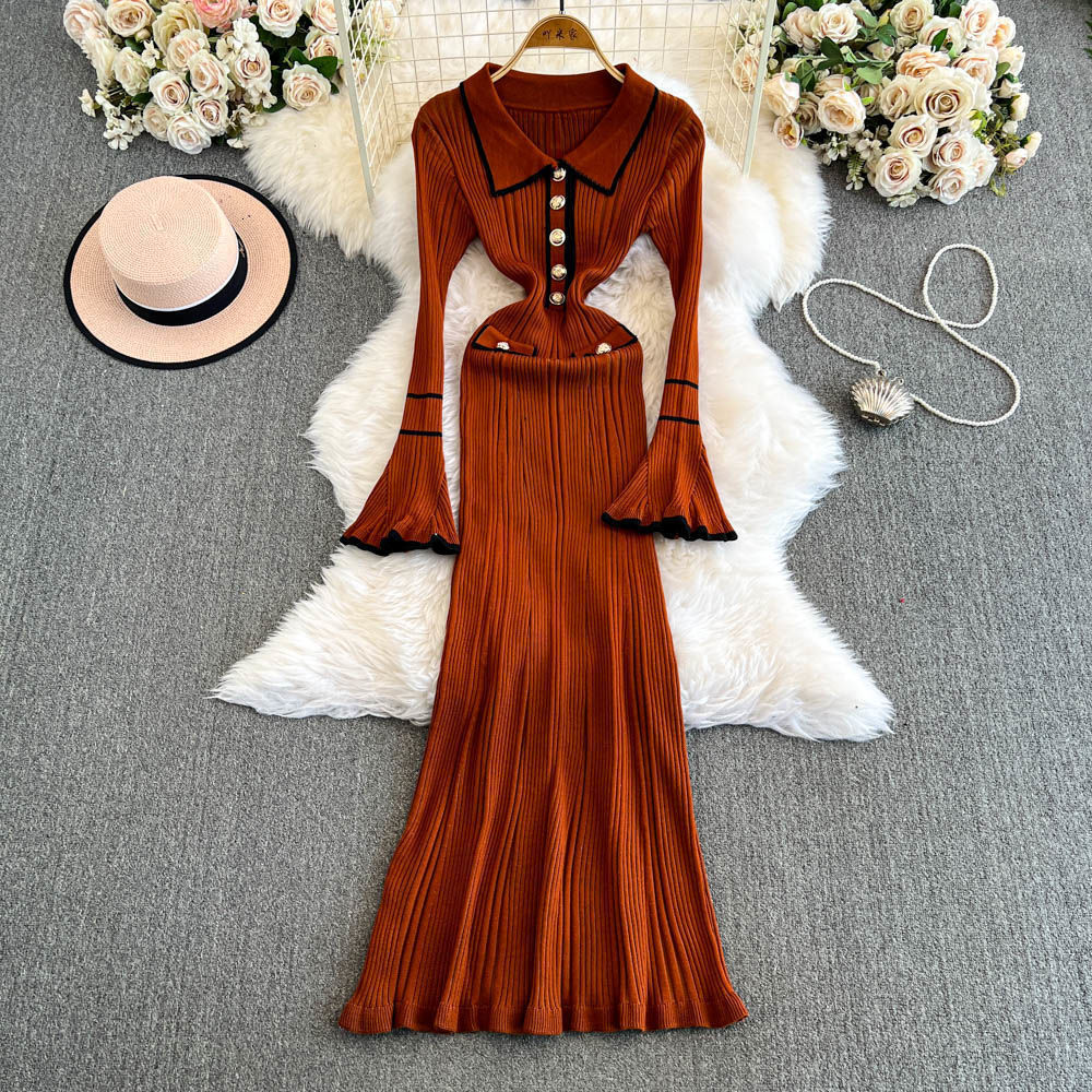 French Style Socialite Hot Girl Style Autumn Winter New Elegant Niche Long Collar Knitted Dress for Women 240824