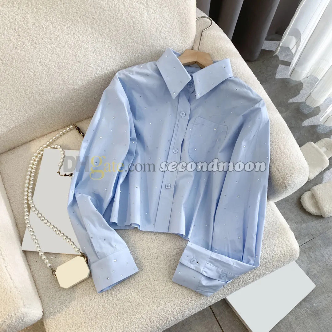 Shiny Rhinestone T Shirts Womens Long Sleeve Tees Design Embroidered Letter Tee Summer Breathable Tops