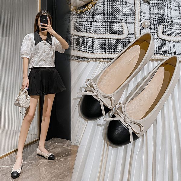color black-beige 014f1 mixed genuine leather flats women elegant bowtie ballet round toe slip on dress shoes woman big size 43