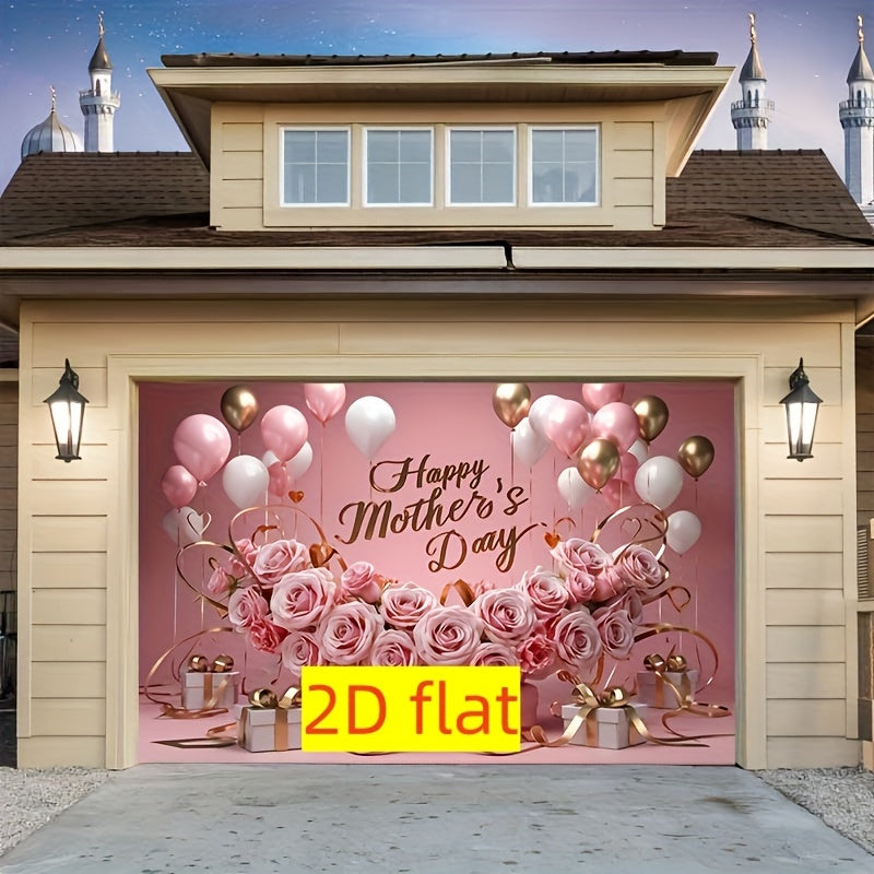 TEMU 2d Flat, 1pc Elegant Party Banner - Polyester Floral Backdrop With Golden & Pink Balloons, "happy " Text, Home Decor, Room Wall Decoration, And