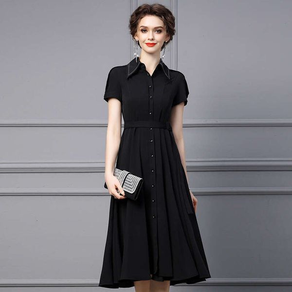 Black Dress 2024 Womens New Summer Clothing Covering the Stomach to Look Skinny Short Sleeved Suit Collar Long Shirt and Skirt Pregnant Wome