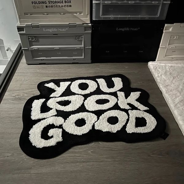 Fluffy Tufted Letter Floor Mat You Look Good Area Carpet Antislip Korean Irregular Lounge Rug Bedroom Chair Foot Pad Decor 241211