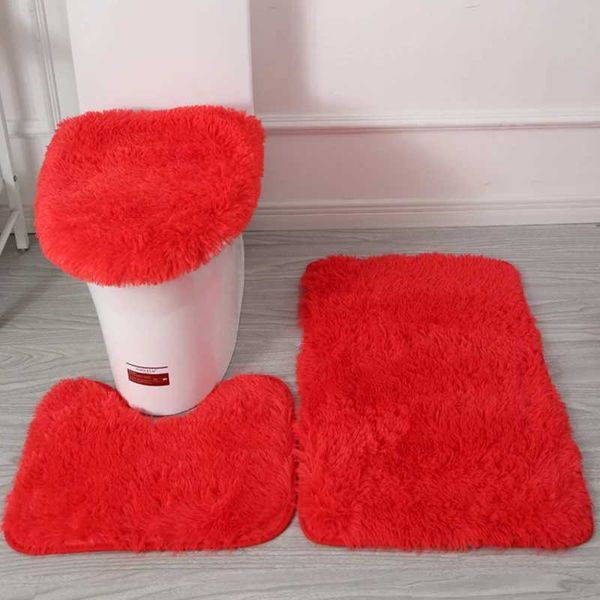 3 pieces-set solid color bathroom mat set fluffy hair bathroom carpet modern home toilet lid carpet set rectangular carpet floor mat M240829