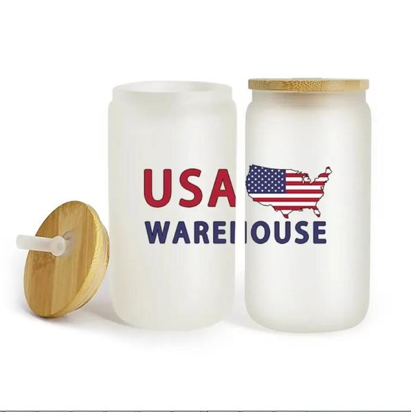 16oz USA Warehouse Water Bottles DIY Blank Sublimation Can Tumblers Shaped Beer Glass Cups with Bamboo Lid and Straw for Iced Coffee Soda CA