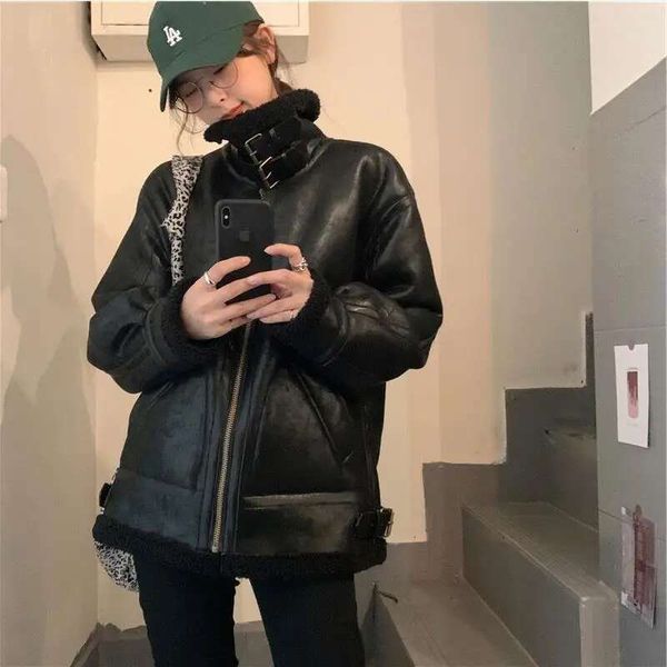 2024 Autumn Fashionable Cool Trendy Lamb Fur Coat Winter Loose Stand Collar Motorcycle Suit Leather Jacket For Women