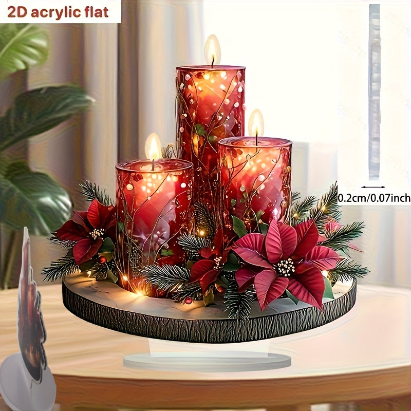 TEMU 2d Flat, Bohemian-style Acrylic Christmas Candle Sign With Red Poinsettias &amp;pine Branches - 5.9x5.9-inch Desktop Holiday Decor For Home