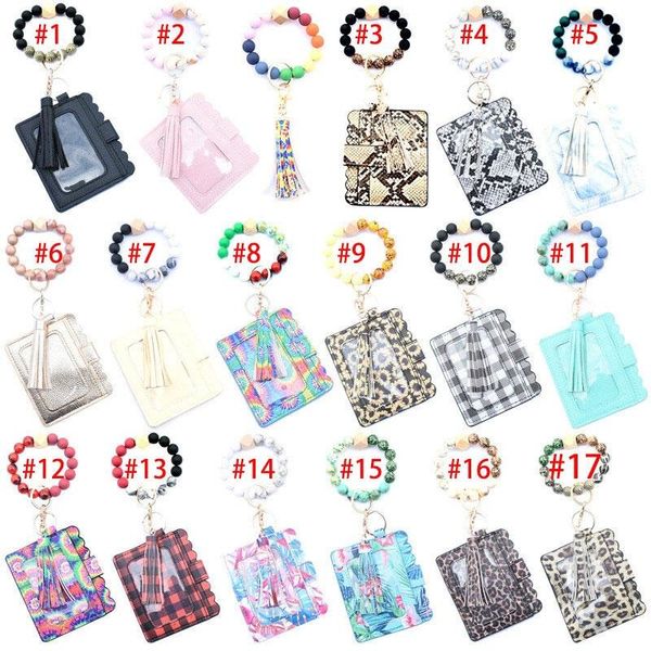 Wrist Portable Car Key Rings With Tassel Bangle Card Holder Silicone Bead Bracelet Leopard Bag Wood Beaded PU Leather Keychain Ladies Wallet