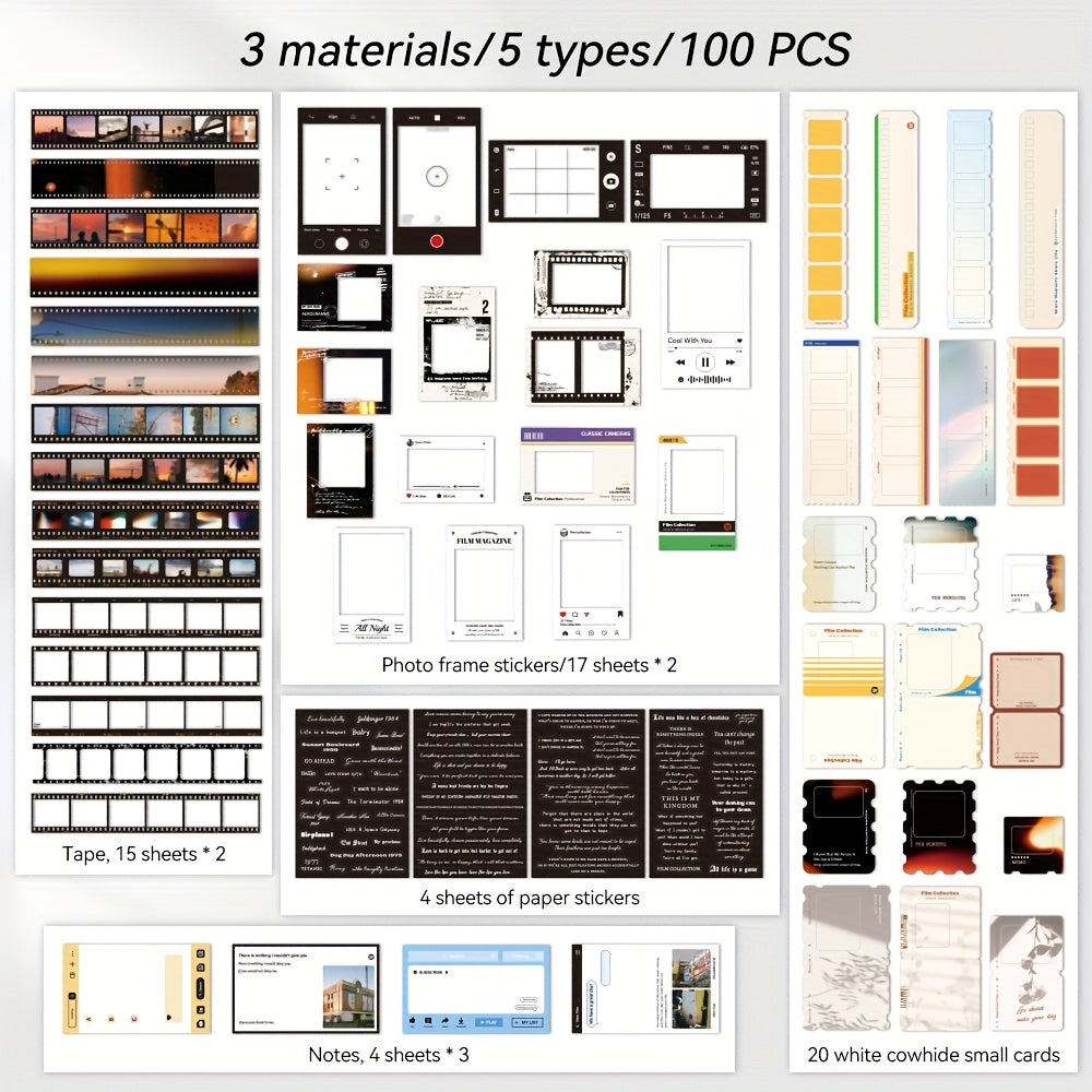 TEMU 100pcs Vintage Movie Sticker Pack - Film Strip Photo Frames & Decorative Pet Stickers With Memo Pads - Diy Scrapbooking, Journaling & Planner