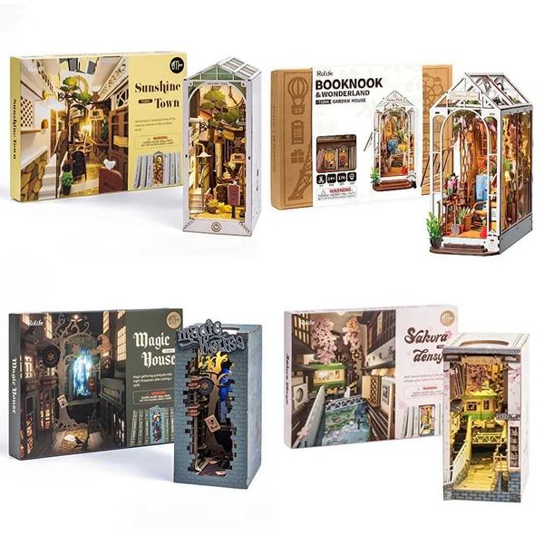 Robotime Wooden Book Nook Dollhouse Kit Puzzle House Model Building Kits with LED Lights Sura Densya Sunshine Town Gardenhouse Y250207