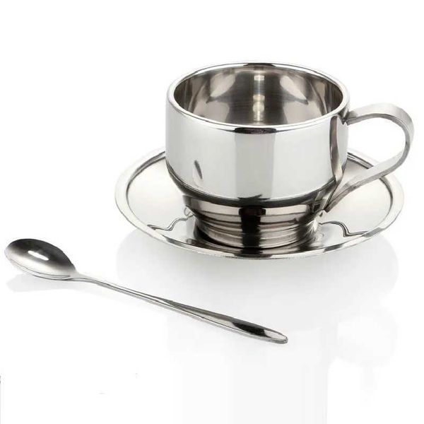 Household 150ml Insulated Coffee Tea Cup Double Wall 304 Stainless Steel Travel Handle gs With Spoon Dish Plate Saucer SetsC241209