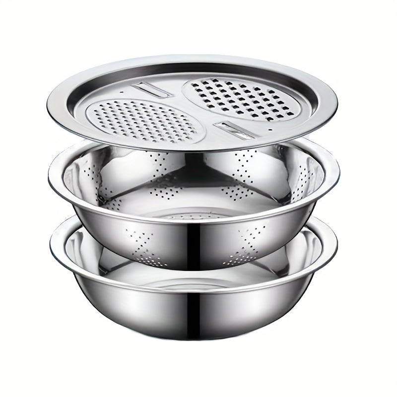 TEMU 3 Sets Of Stainless Steel Kitchen Kits, Multi-functional Filters And Mixing Bowls - Suitable For Cleaning And Slicing Fruits, Vegetables, And