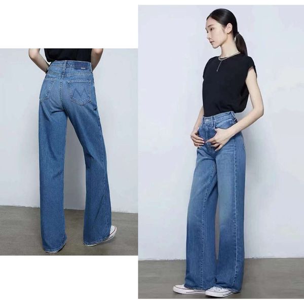 2023 New High-Waisted Wide-Leg Straight Women Jeans Solid-Color Embroidered Letter Denim Long Pants