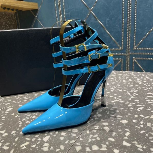 Pointed Women&#039;s Sandals Fashion Leather Strap Metal Buckle High Heel Shoes 10cm Luxury Fashion Show Party Wedding Shoe Size 35-42