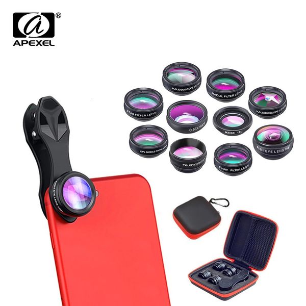 APEXEL 10 in 1 Phone camera Lens Kit Fisheye Wide Angle macro Lens telescope Lens CPL filter Flow lens for smartphones 250210