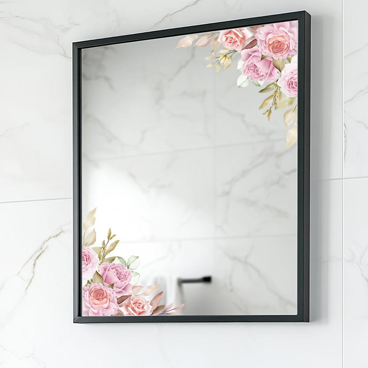 TEMU 1pc Floral Mirror Decal, Self-adhesive Pvc Wall Sticker With & Green Foliage Design, Easy To Apply, No Power Needed, Bedroom & Bathroom Decor,