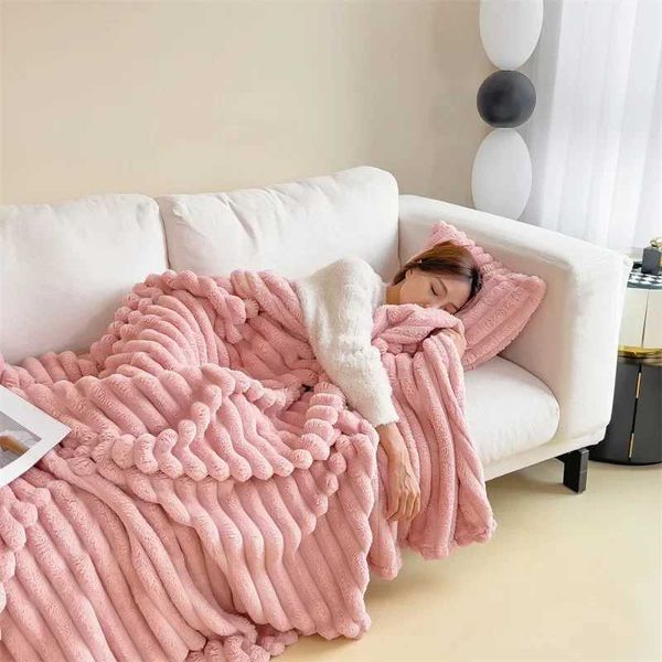 Nordic Solid Thickened Imitation Rabbit Fur Plush Sofa Blanket Warm Flannel Pink Throw Milk Cover Blanket TV Blankets Decorative Y240829