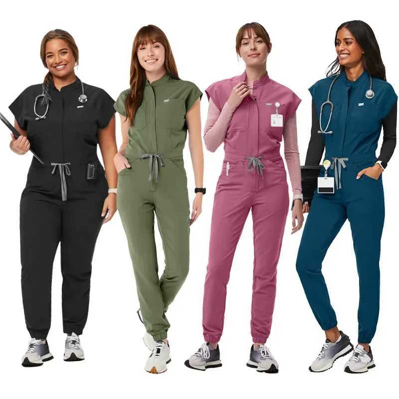 Zipper Mandarin Collar Nurse Scrub Jumpsuit Medical Uniforms Women Health Care Center Workwear Fashion Dentist Vet Outfits XJ250529