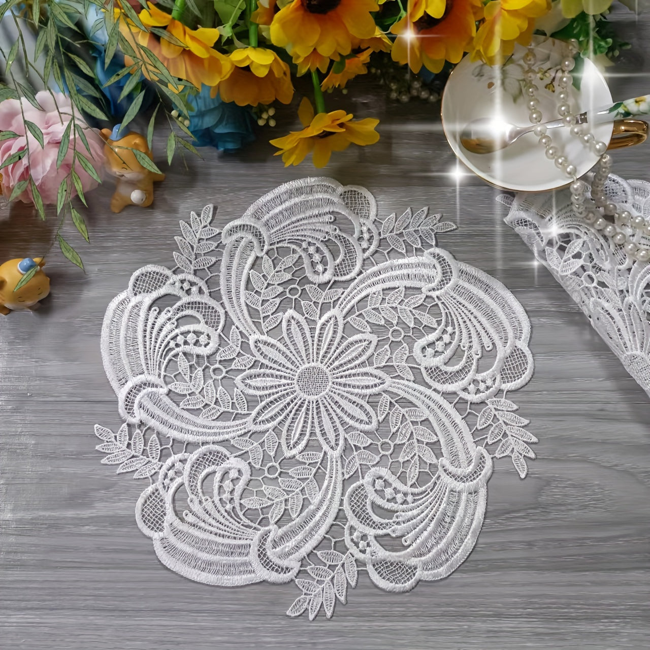 TEMU Elegant Lace Oval Table Runner - Floral & Motif Polyester Fabric, Decorative Table Cover For Dining, Coffee Tables, Christmas Decor