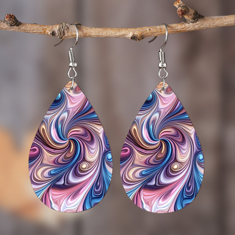 TEMU 2d Flat, Women's Marbled Pu Earrings - Flat Dangle Hoops With Sky Blue Accent, Lightweight Jewelry For Daily Wear & Vacation, Funky Tarnish-free