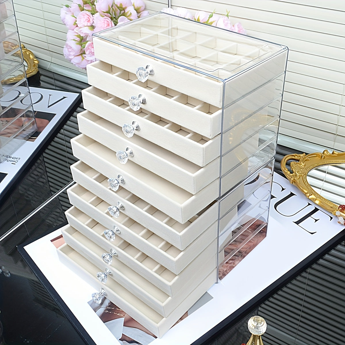 TEMU Luxury Velvet Elevated Ten--tier Transparent Jewelry Desktop Storage Box, No Installation Required For Rings Bracelets Anklet Necklace, Ring