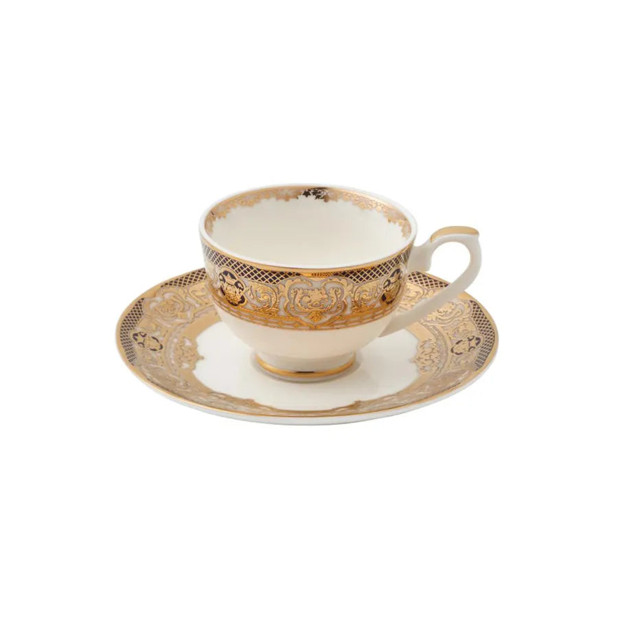 Weimar Hilda Of Nassau 12 Piece Fine Bone Coffee Cup and Saucer Set for 6 People, 90ml, White Gold
