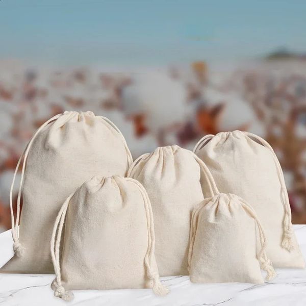Beige Cotton Linen Drawstring Bags Multiple Sizes Coin Money Card Holder Gift Jewellery Cosmetic Travel Washing Storage Bag 241120