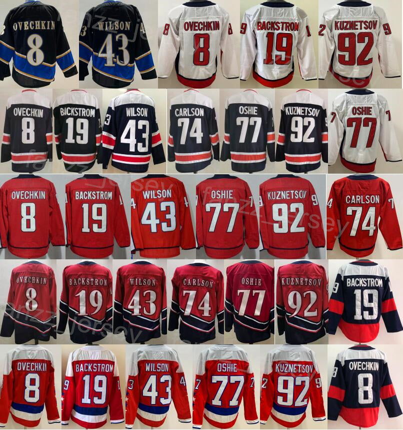 Men Hockey 2023 Reverse Retro 43 Tom Wilson Jersey 8 Alex Ovechkin 19 Nicklas Backstrom 77 TJ Oshie 92 Evgeny Kuznetsov 74 John Carlson Alternate St
