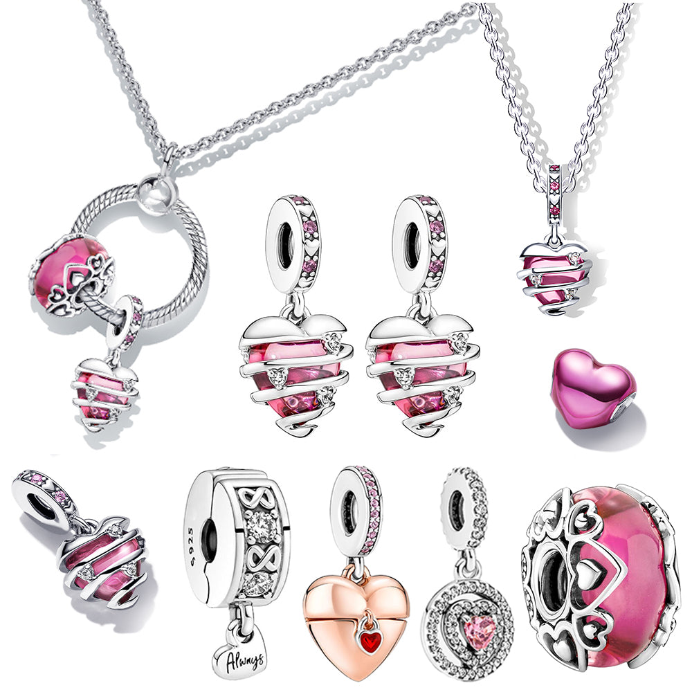 The New Popular 925 Sterling Silver -intertwined Love Pink Heart Suspension Charm Is Suitable for Original Bracelet and Necklace Jewelry