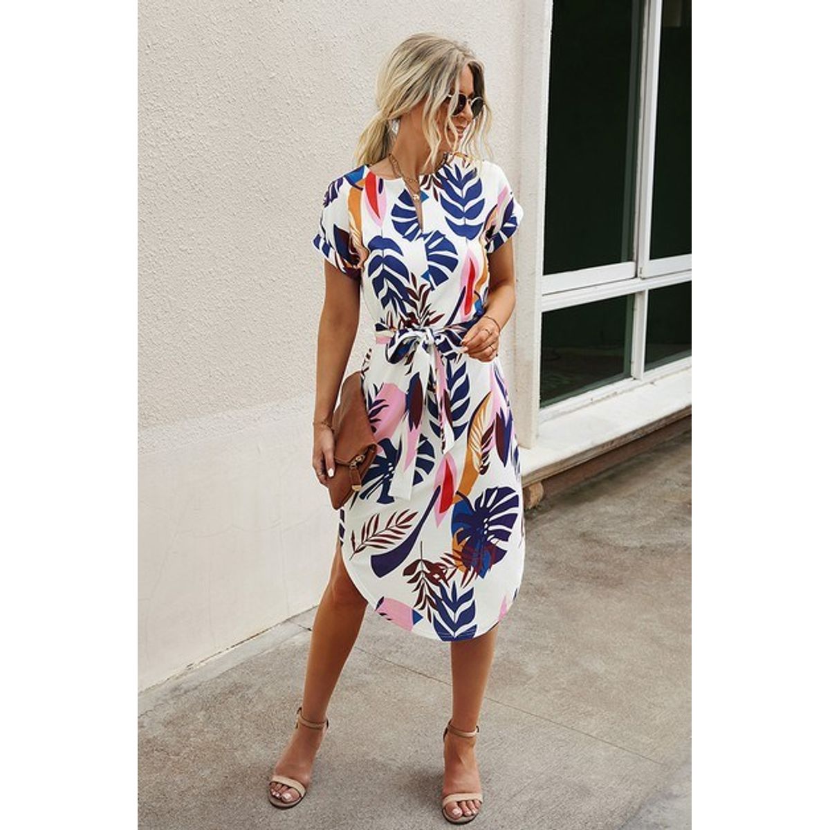 Women's Notched Neck Short Sleeve Waist Tie Dress - Small (2-4)-White Palm Leaf