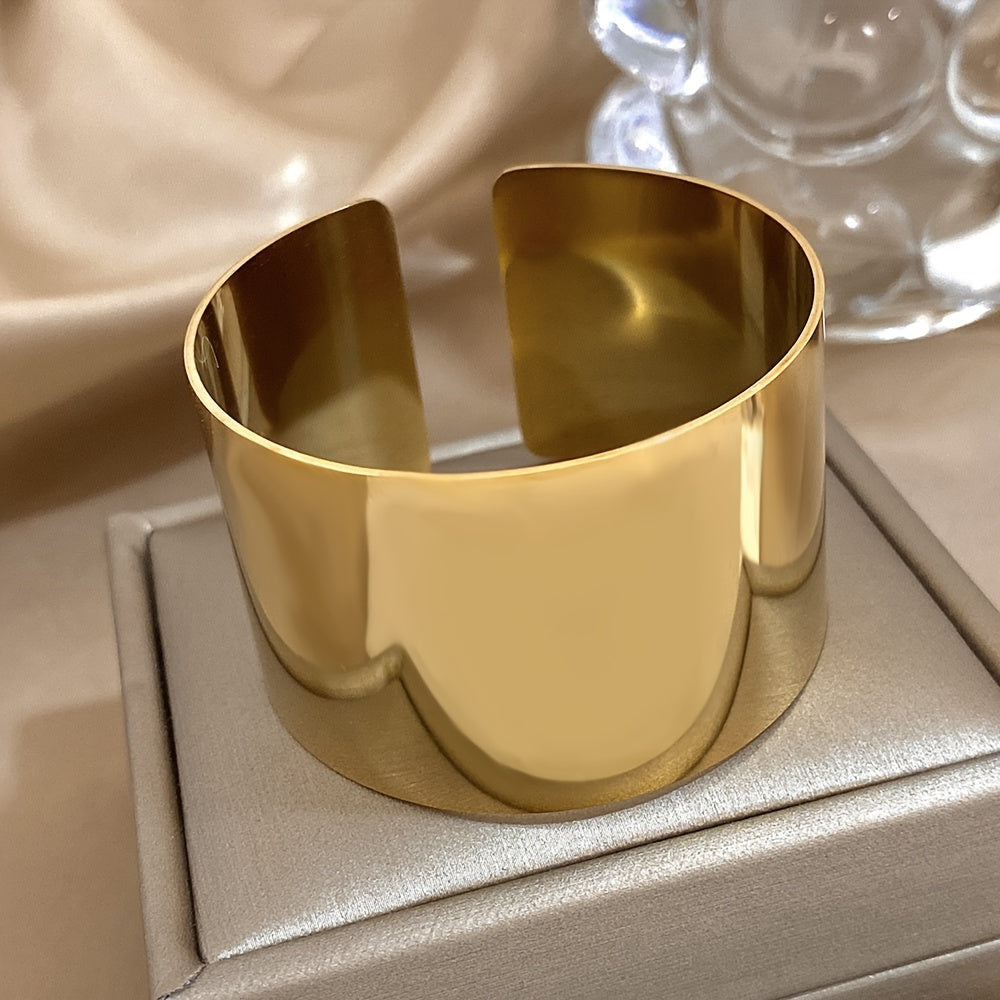 TEMU 14k Gold Plated Stainless Steel Wide Hinged Cuff Bracelet, Fashion Chunky Bangle For Women And Men, Glossy Statement Jewelry