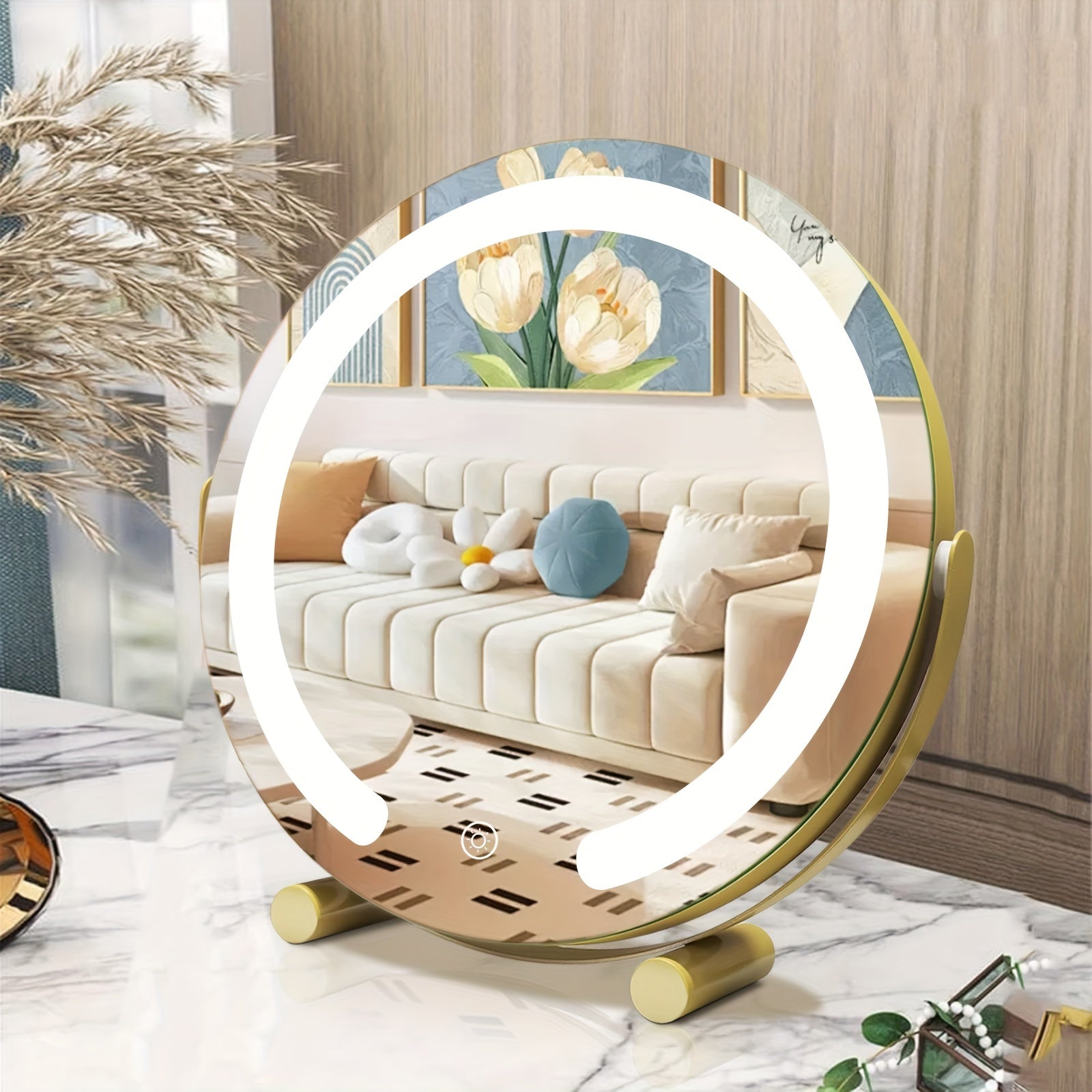 TEMU Vanity Mirror With Lights, 12"×12" Makeup Mirror With Led Lighting, 360° Rotatable Tabletop Vanity Mirror, Smart Touch Control & 3 Color ,