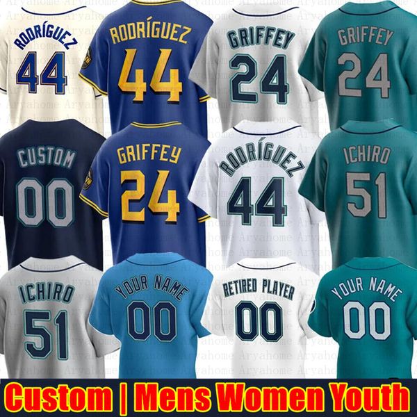 Custom 44 Julio Rodriguez Baseball Jersey 24 Ken Griffey Jr City Connect JP Crawford Edgar Ichiro Jarred Martinez Suzuki Kelenic Cal Raleigh