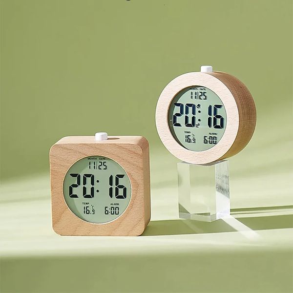 Wooden Alarm Clock Temperature Date Time Display Snooze Mode Multifunctional Electronic Clock Bedroom Table Clock with Backlight 250120