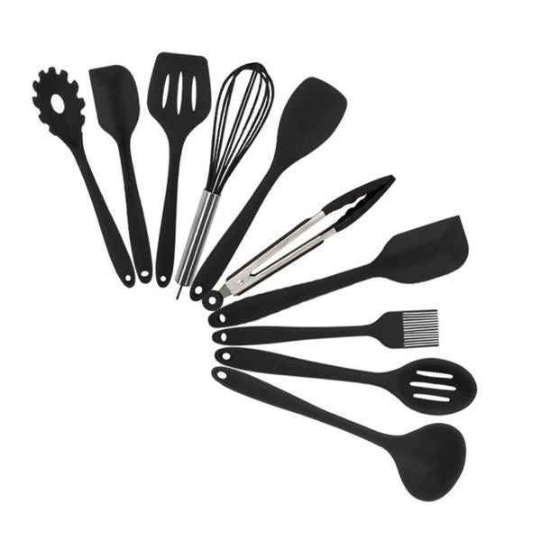 10Pcs-Set fashion Handle Silicone Kitchen Utensils With Storage Bucket High Temperature Resistant And Non Stick Pot Spatula Spoon