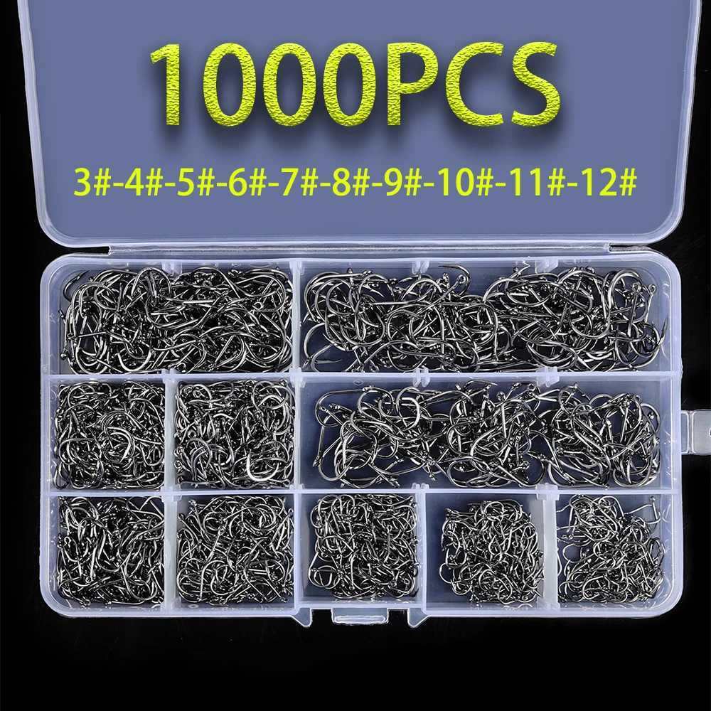 1000PCS Fishing Hooks Set High Carbon Steel Sharp Durable Barbed Fishhook Rock Fishing Equipment Gear Tackle Accessories withbox Y240910