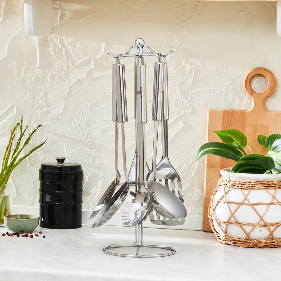 Karaca Chef 6 Piece Stainless Steel Kitchen Utensil Set with Stand, Silver