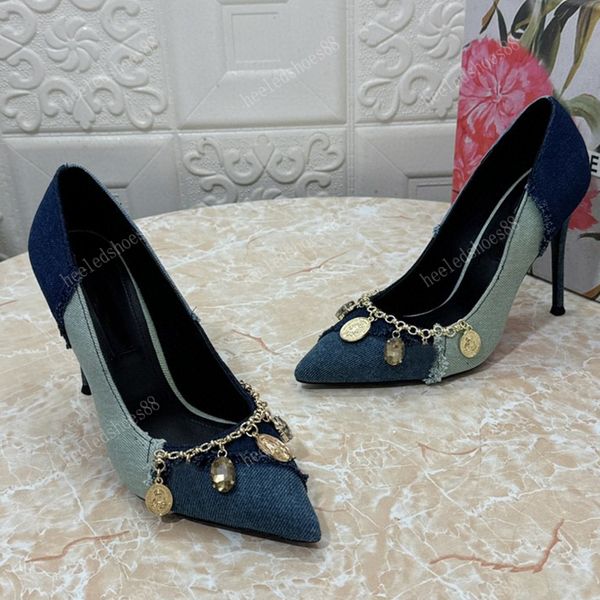 Stiletto Heel Designers shoes for womens top quality Chain buckle decoration Pumps Denim Patchwork 10.5cm high heeled Pointed Toes Dress Sho