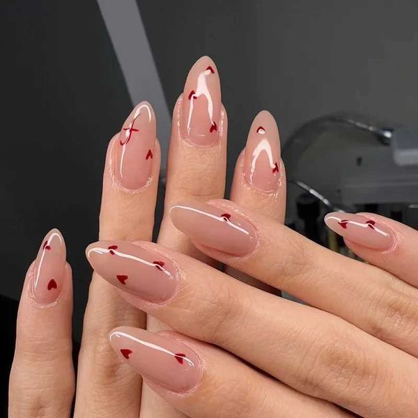 24Pcs Valentine Nude Pink Press-On Nails with Heart Patterns Glossy Almond Shape Sweety False Nails for Women Girls Daily NailsXJ250110