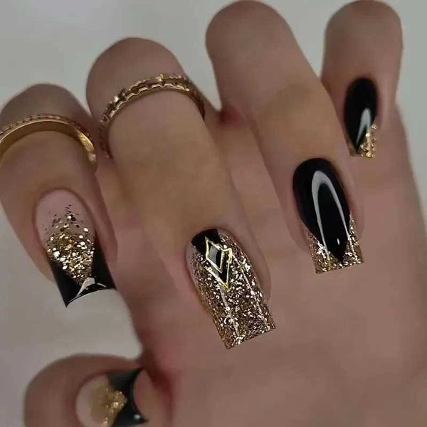 24Pcs Short Square False Nails with Jelly Adhesive Glitter Gradient Design Detachable Fake Fingernails Full Cover Press on NailsXJ241128
