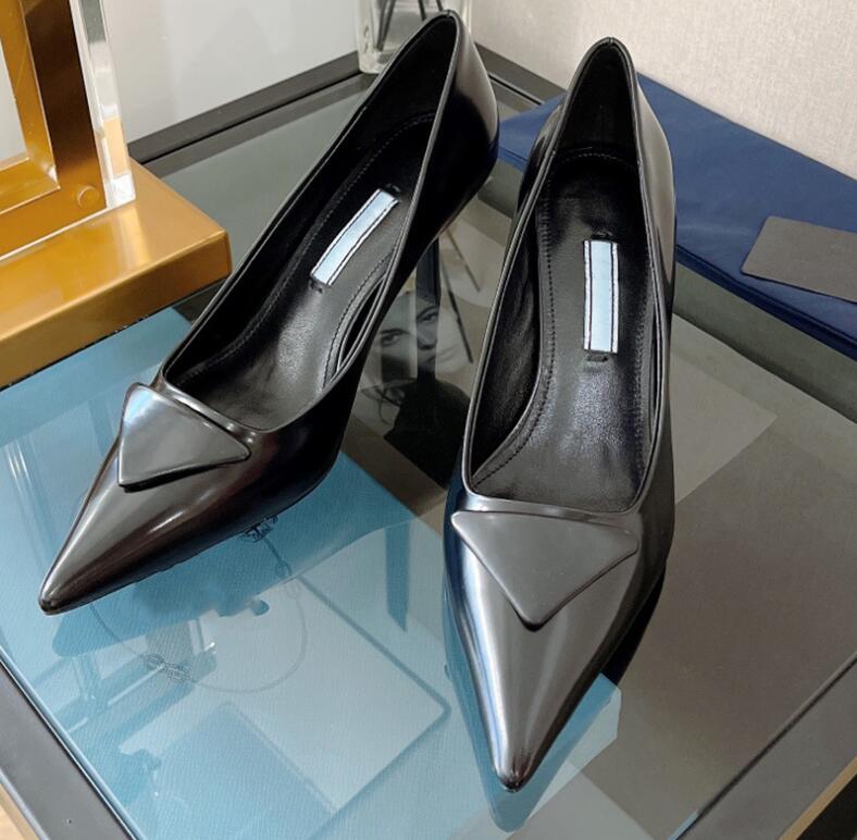 Brand Sandals High Heel Shoes Classics P Triangle Buckle Summer Candy Thin Heels Pointed Back Strap Solid Shallow Mouth Women Wedding Shoes