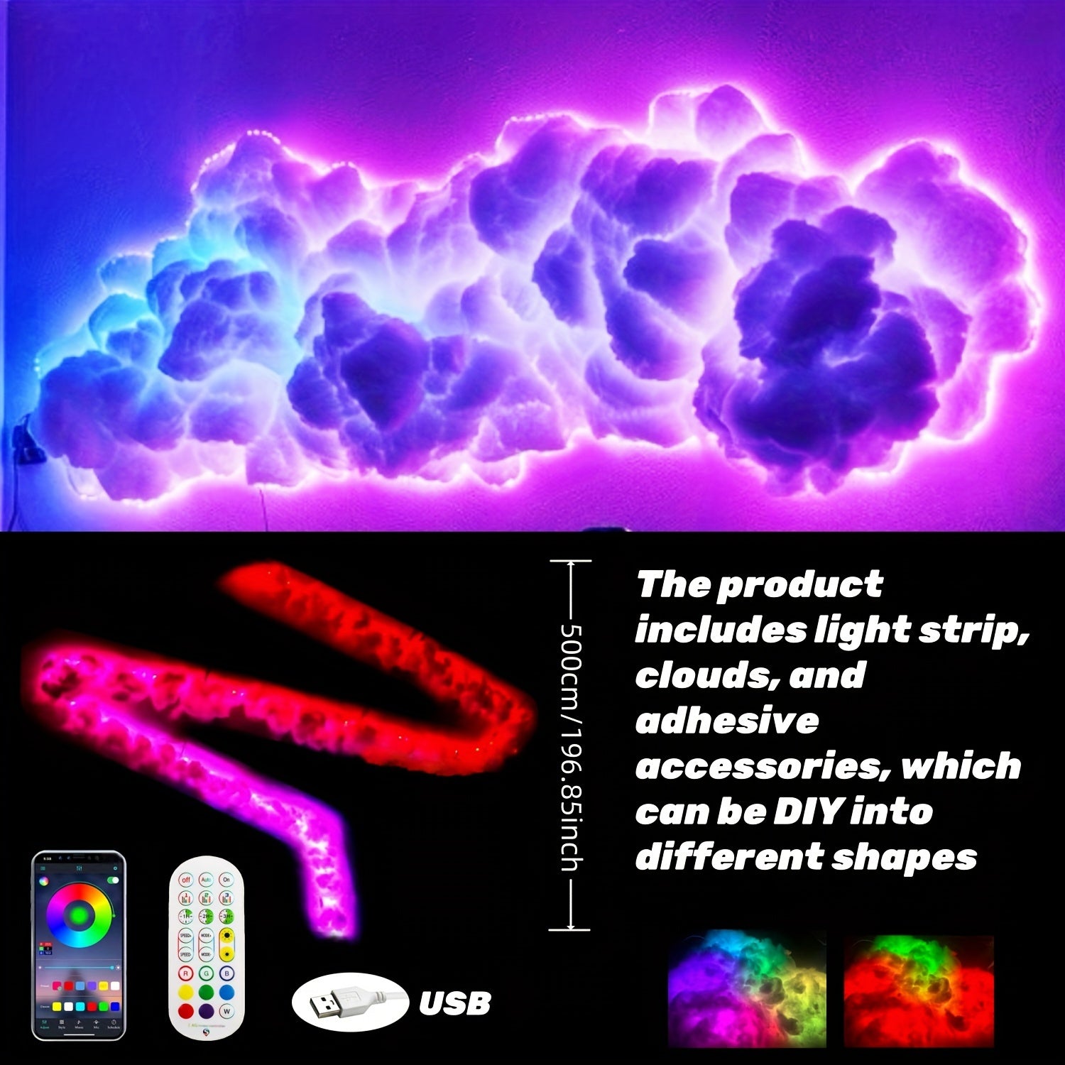 TEMU Rgb Cloud Light, 3d Thundercloud Led Light Lightning Cloud Colorful Atmosphere Night Light, Diy Lights Gaming Room Garage Light, 16 Feet
