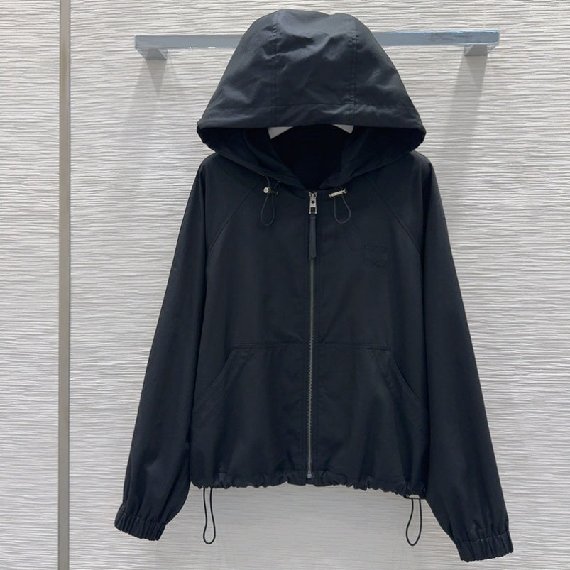 Luxury Womens Black Hooded Jackets Embroidered Long Sleeve Zipper Outerwear Designer Solid Color Simple Casual Loose Jacket