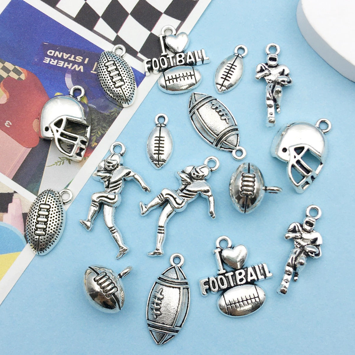 TEMU 16pcs Football Pattern Charms - For Earrings, Necklaces, Bracelets - Handcrafted Alloy Accessories With Footballs, Helmets, Stakes & Football