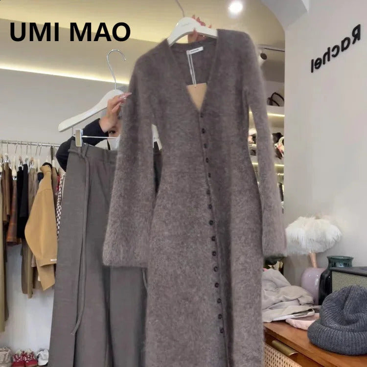 UMI MAO coffee Mohair cardigan elegant womens autumn and winter high-end lazy style soft and sticky long wool dress 241127