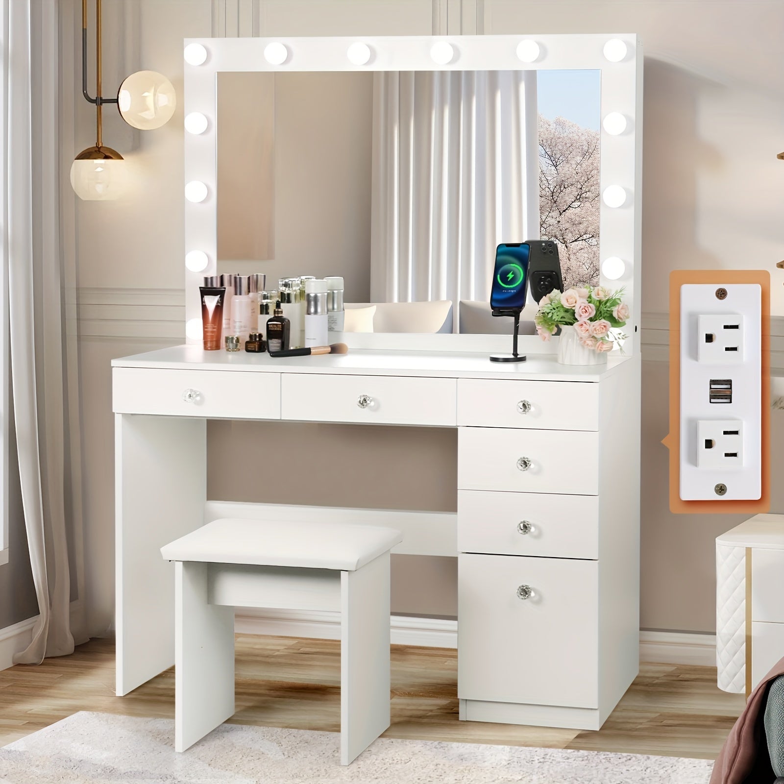 TEMU 42" Makeup Vanity Table Set With Outlet, Lighted Mirror, 5 Drawers And 1 Cabinet, Stool